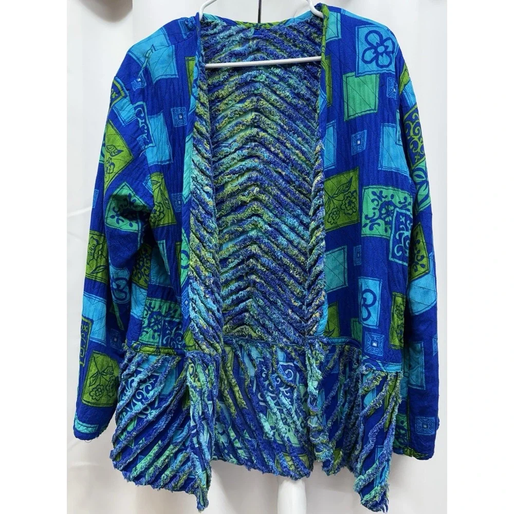 FIBER ARTIST Sz‎ L ? Shirred Floral Textile Art 2 Wear Jacket Blue Green